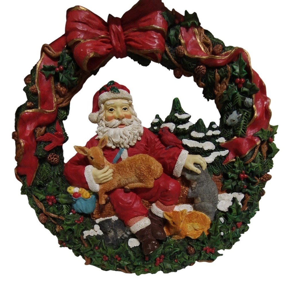 Vintage‎ Santa Woodland Animals Wreath Resin Christmas Wall Decor 1990s